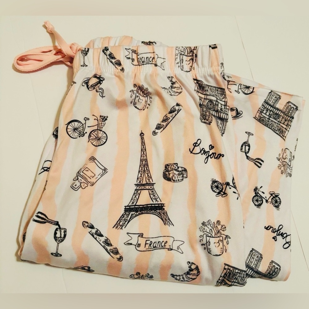 Dream Paris | Pink & White Paris Pajama Bottoms | Lounge Pants Tie Waist Bonjour